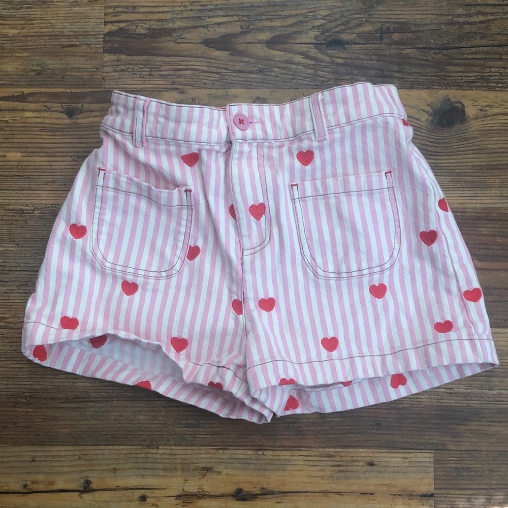 Mini Boden Pink and White Striped Kids Shorts with Red Hearts